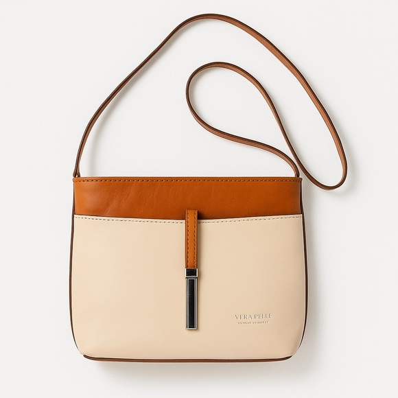 Vera Pelle Italian Leather Crossbody Cream Tan Two-Tone Minimalist Quiet Luxury - Picture 2 of 11